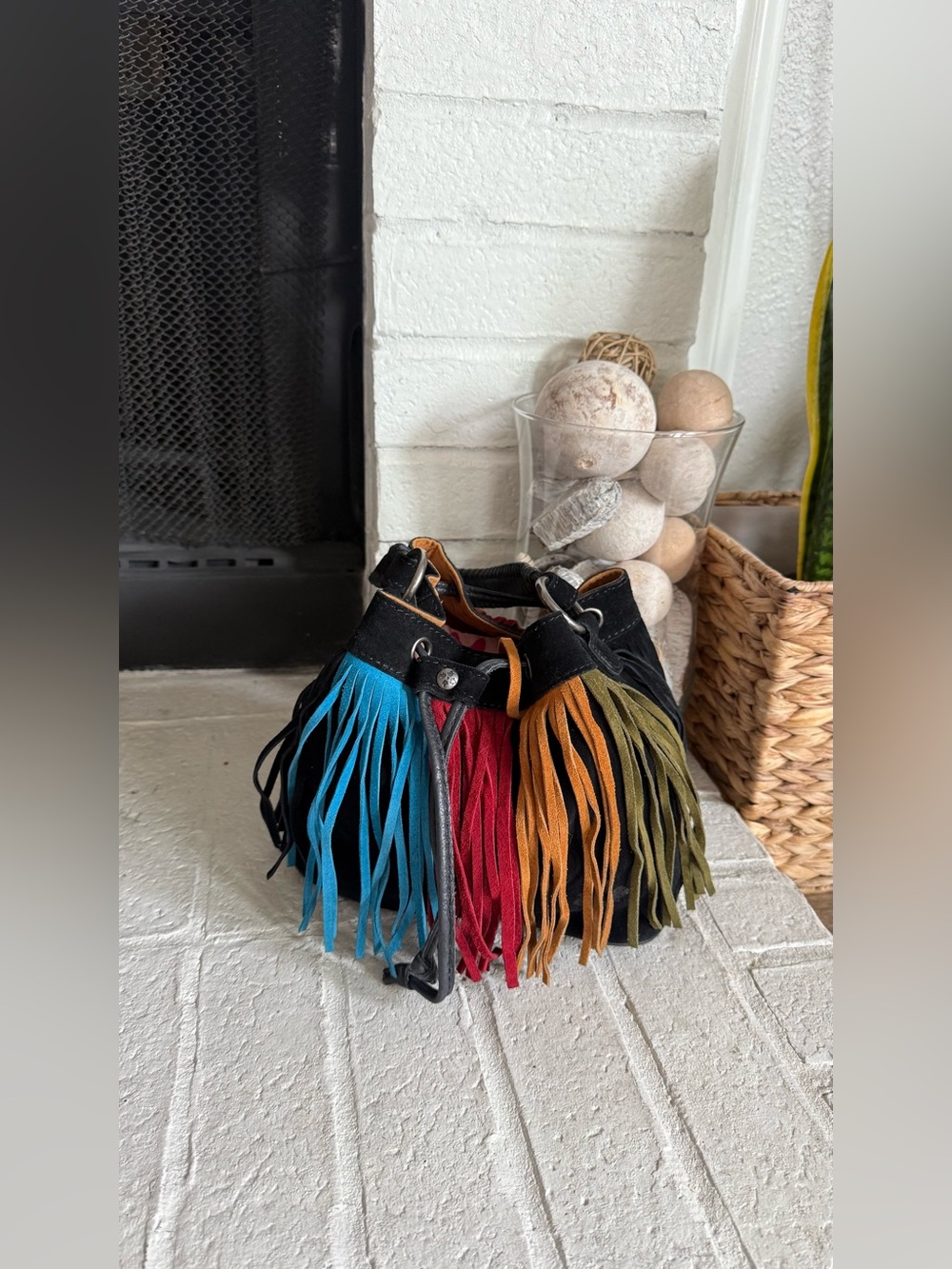 Patricia Nash Elisa Black Suede Multicolor Fringe Bucket Bag Boho Western - Picture 2 of 12